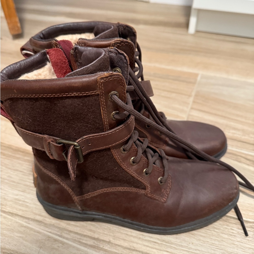 Brown Lace-Up Boots with Red Accents